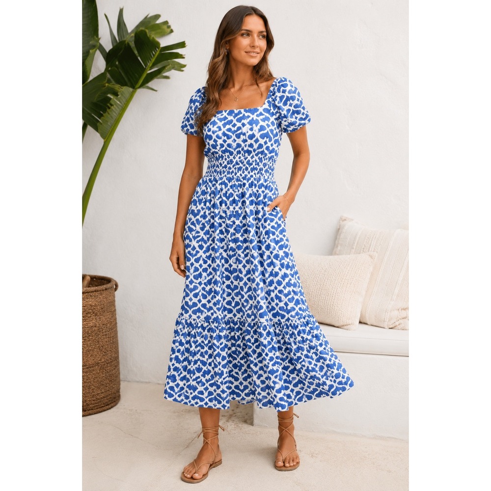 Roller Rabbit Big Cata Annika Blue‎ White Geometric Cotton Midi Dress Medium NEW